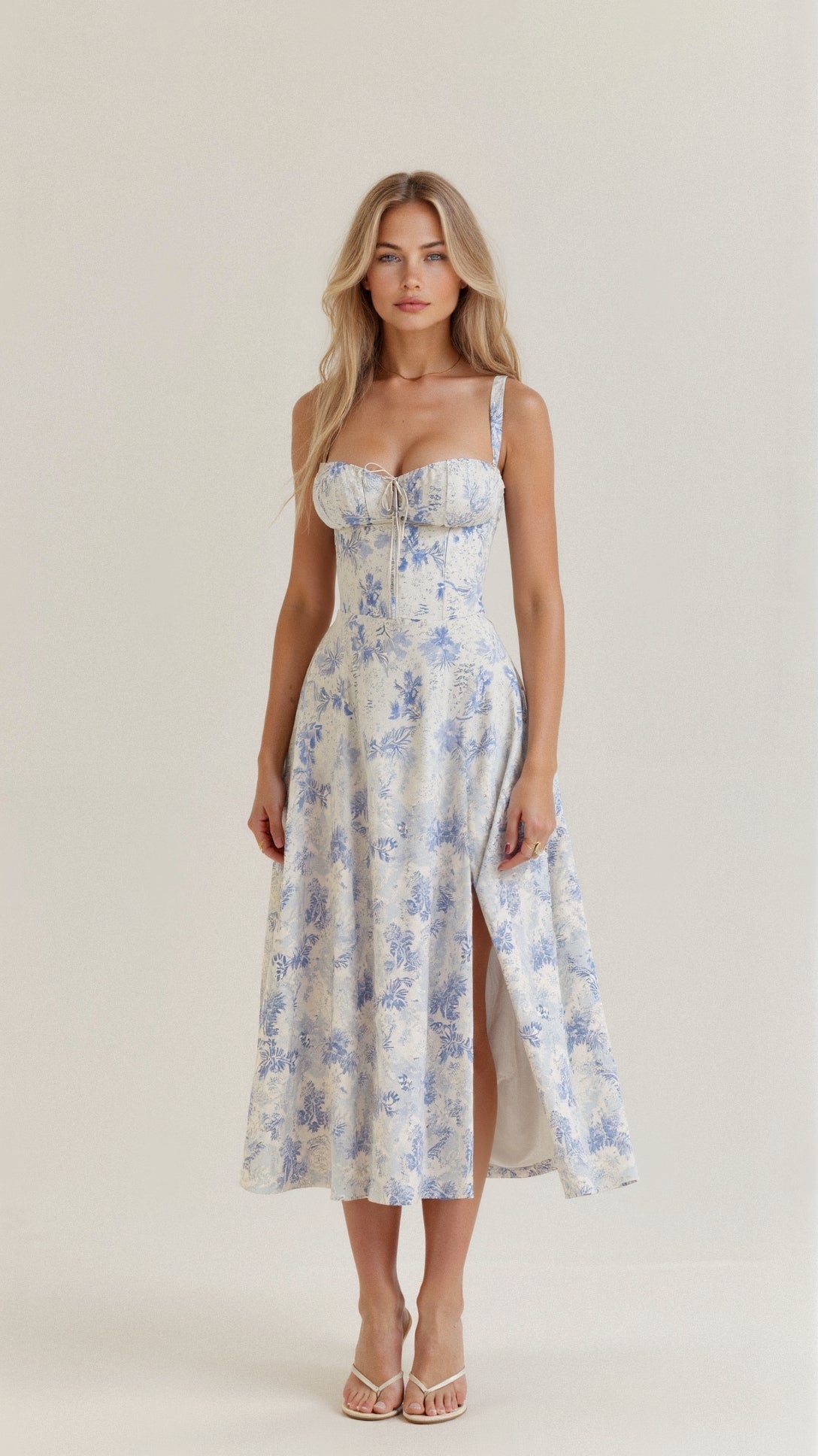 Vestido midi mulher com detalhe corset, silhueta ajustada e saia fluida