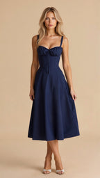 Vestido midi mulher com detalhe corset, silhueta ajustada e saia fluida