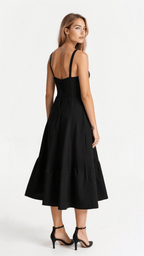 Vestido midi mulher com detalhe corset, silhueta ajustada e saia fluida