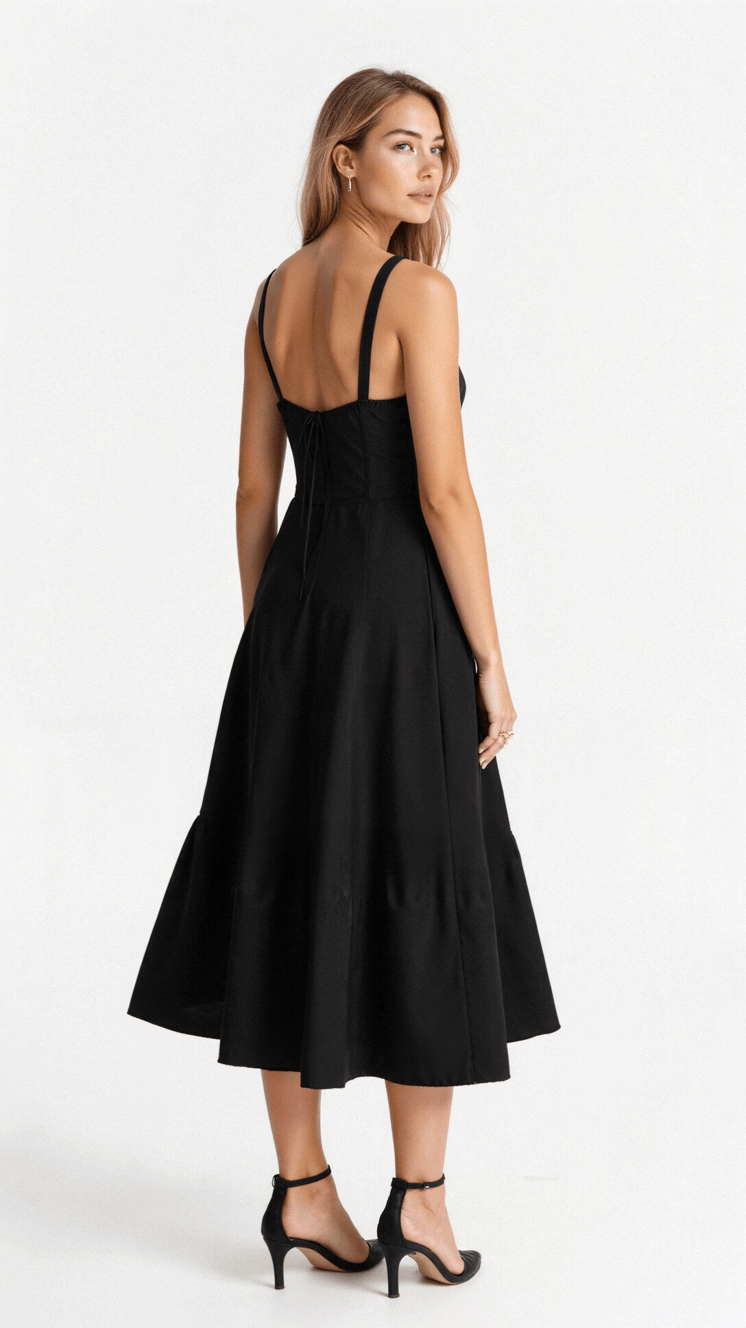 Vestido midi mulher com detalhe corset, silhueta ajustada e saia fluida