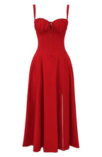Vestido midi mulher com detalhe corset, silhueta ajustada e saia fluida