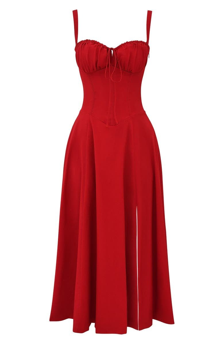 Vestido midi mulher com detalhe corset, silhueta ajustada e saia fluida