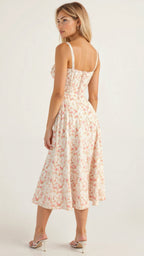 Vestido midi mulher com detalhe corset, silhueta ajustada e saia fluida