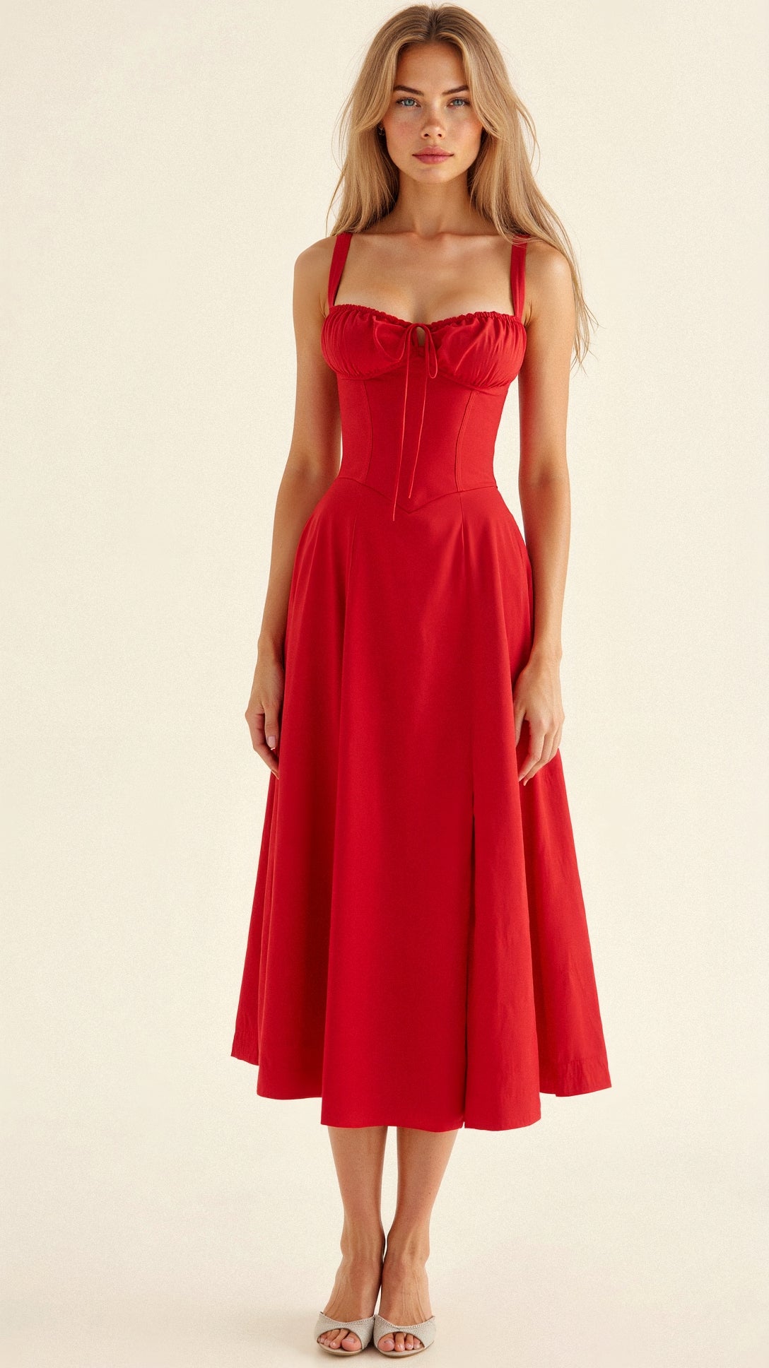 Vestido midi mulher com detalhe corset, silhueta ajustada e saia fluida