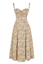 Vestido midi mulher com detalhe corset, silhueta ajustada e saia fluida
