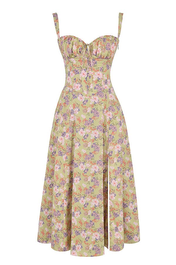 Vestido midi mulher com detalhe corset, silhueta ajustada e saia fluida