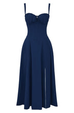 Vestido midi mulher com detalhe corset, silhueta ajustada e saia fluida