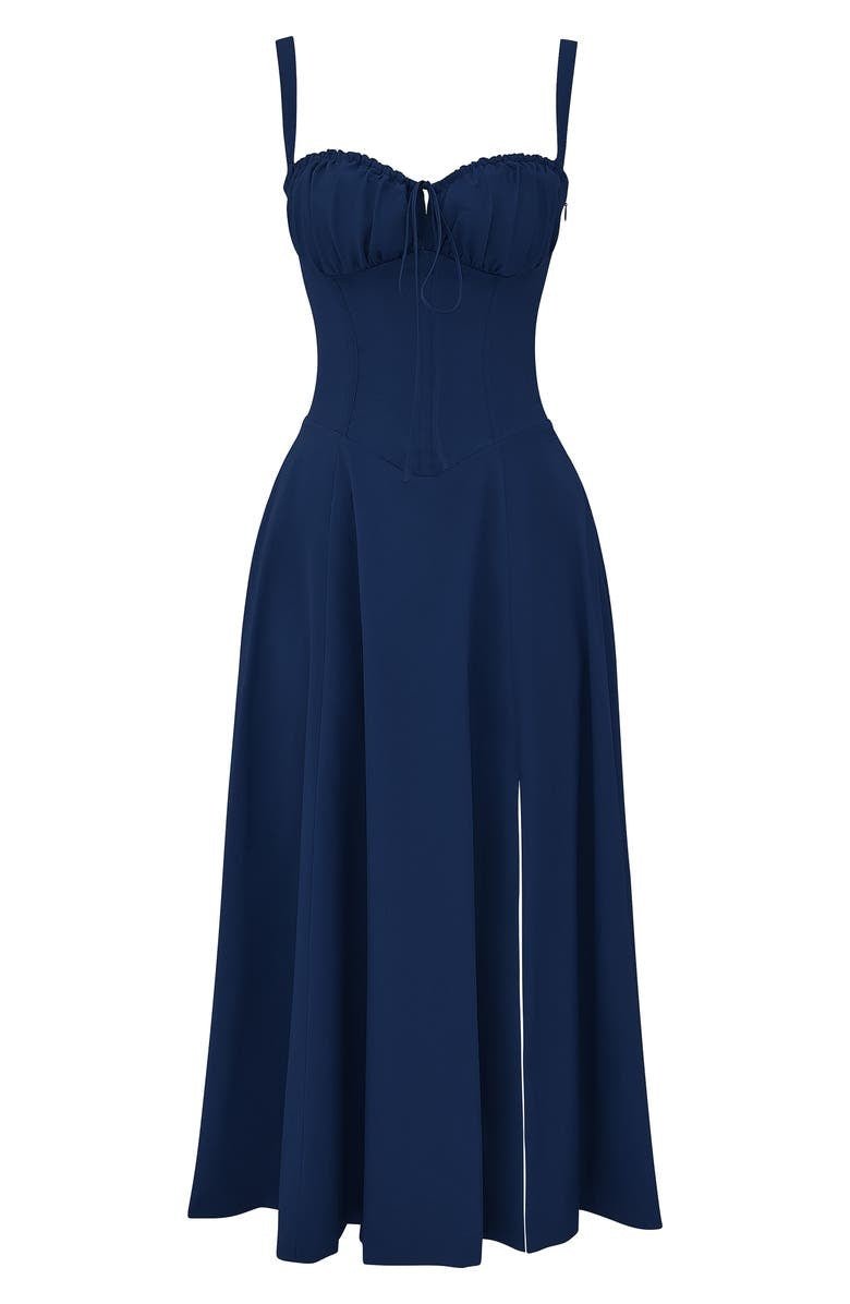 Vestido midi mulher com detalhe corset, silhueta ajustada e saia fluida