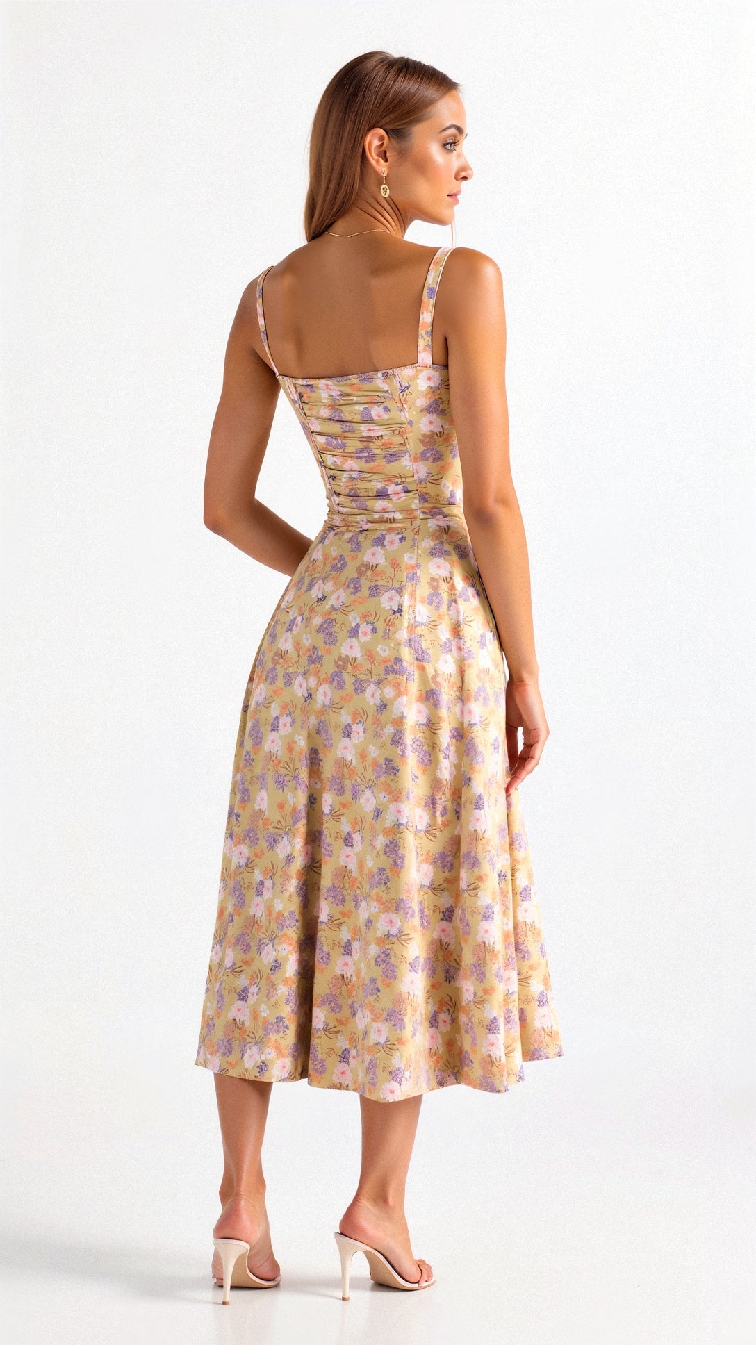 Vestido midi mulher com detalhe corset, silhueta ajustada e saia fluida