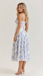 Vestido midi mulher com detalhe corset, silhueta ajustada e saia fluida