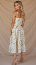 Vestido midi mulher com detalhe corset, silhueta ajustada e saia fluida