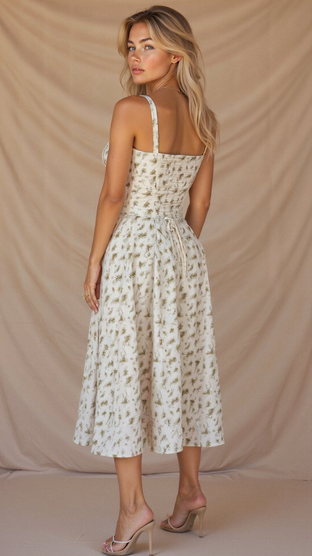 Vestido midi mulher com detalhe corset, silhueta ajustada e saia fluida