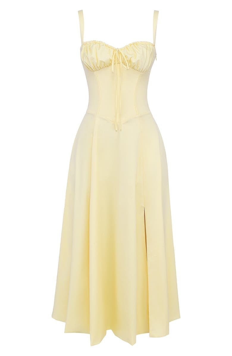Vestido midi mulher com detalhe corset, silhueta ajustada e saia fluida