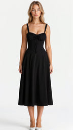 Vestido midi mulher com detalhe corset, silhueta ajustada e saia fluida