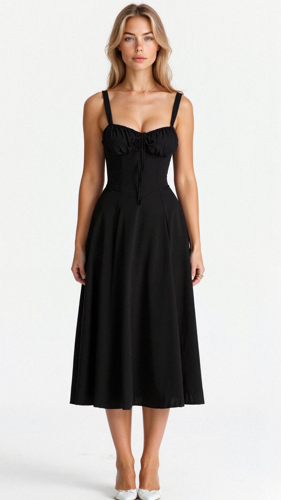 Vestido midi mulher com detalhe corset, silhueta ajustada e saia fluida