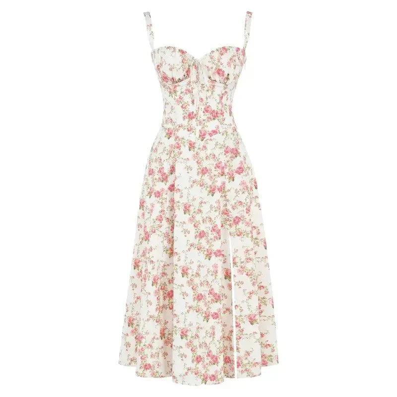 Vestido midi mulher com detalhe corset, silhueta ajustada e saia fluida
