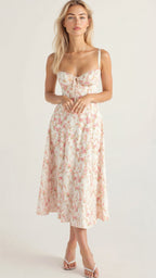 Vestido midi mulher com detalhe corset, silhueta ajustada e saia fluida