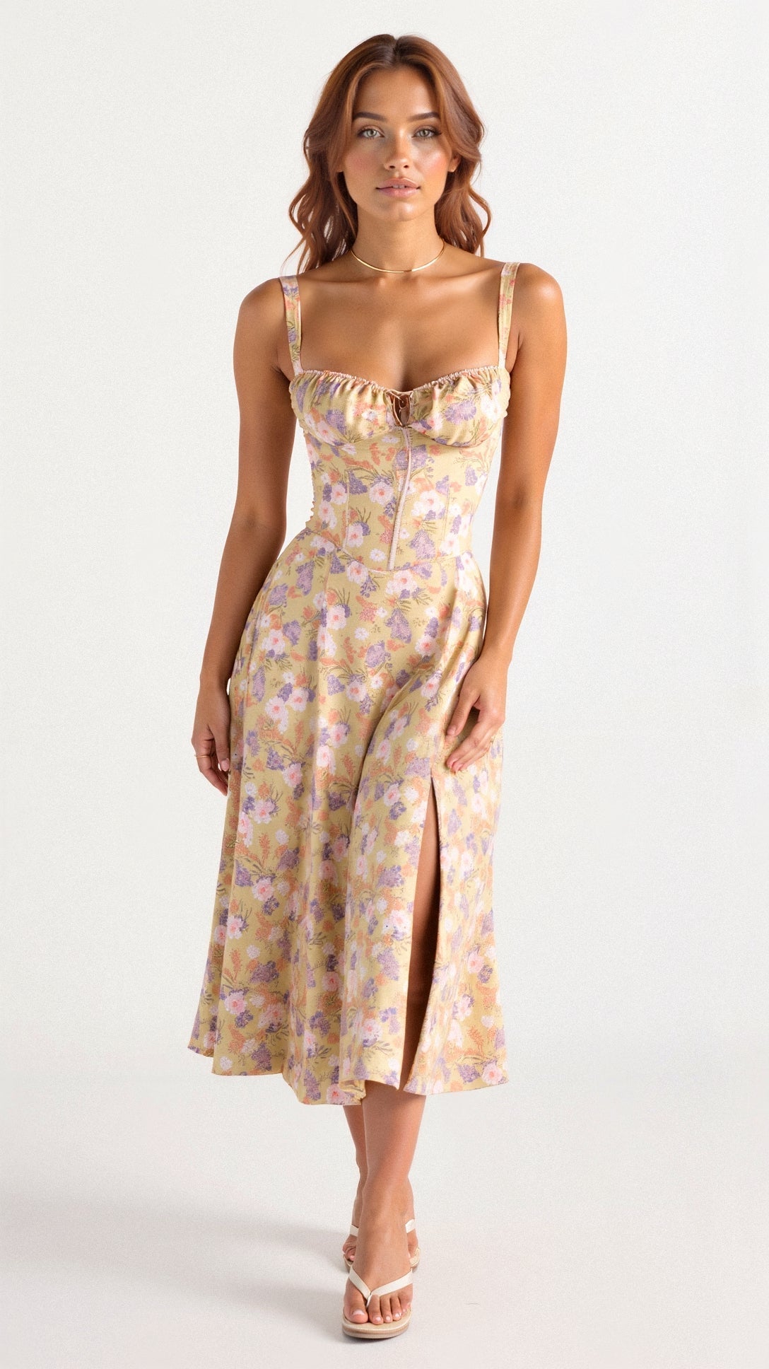 Vestido midi mulher com detalhe corset, silhueta ajustada e saia fluida