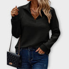 Camisola canelada feminina quarter-zip com gola, manga comprida