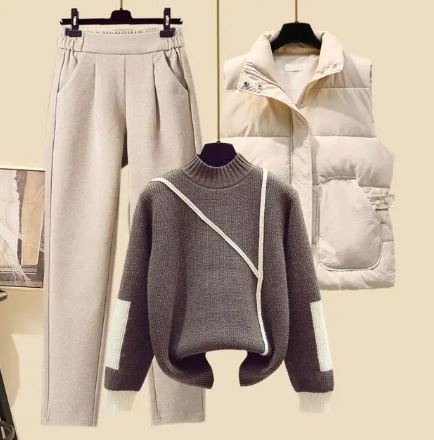 Conjunto feminino 3 peças outono calças colete acolchoado e camisola gola redonda
