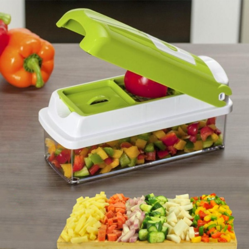 Cortador de legumes 12 em 1 multifuncional com lâminas inox e recipiente de recolha, branco e verde
