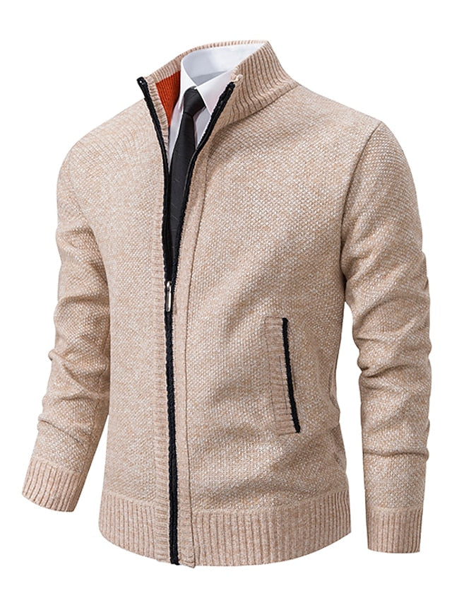 Cardigan homem malha canelada fecho completo gola alta