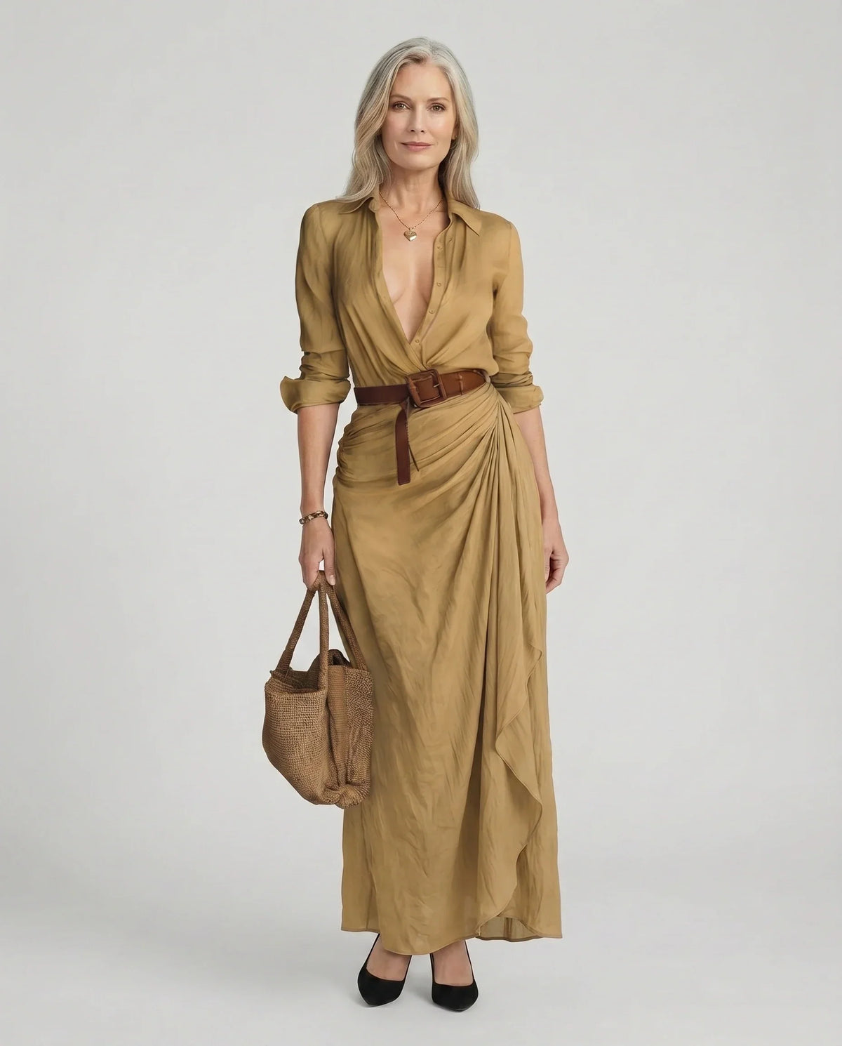 Vestido longo chemisier feminino com cinto ajustável e colarinho clássico