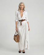 Vestido longo chemisier feminino com cinto ajustável e colarinho clássico