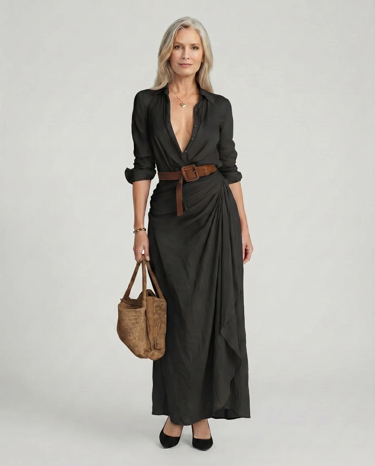 Vestido longo chemisier feminino com cinto ajustável e colarinho clássico