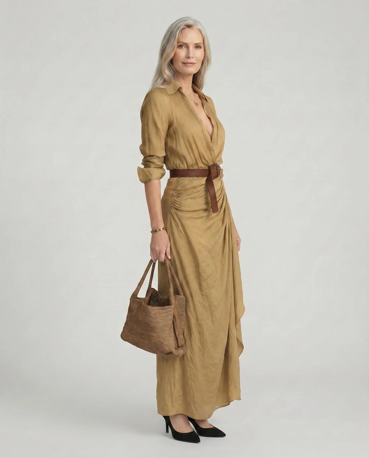 Vestido longo chemisier feminino com cinto ajustável e colarinho clássico