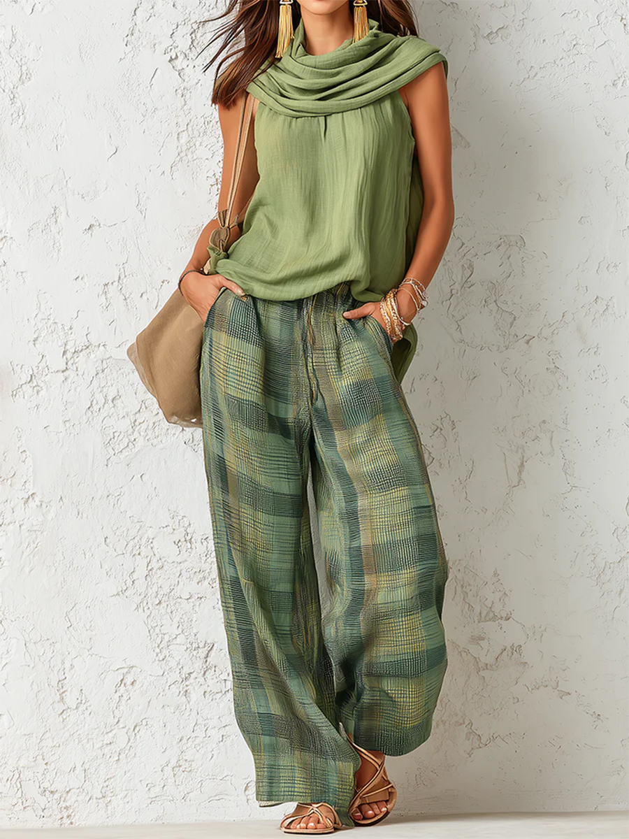 Conjunto feminino blusa e calça wide leg floral padrão natural verde