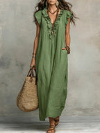 Vestido longo feminino linho boho de caimento solto com detalhe de babado no decote