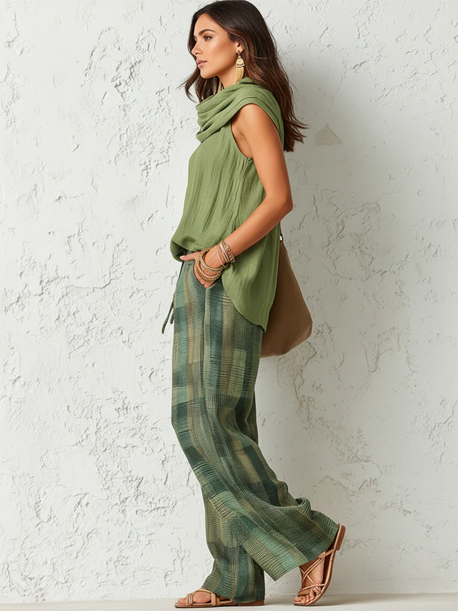Conjunto feminino blusa e calça wide leg floral padrão natural verde
