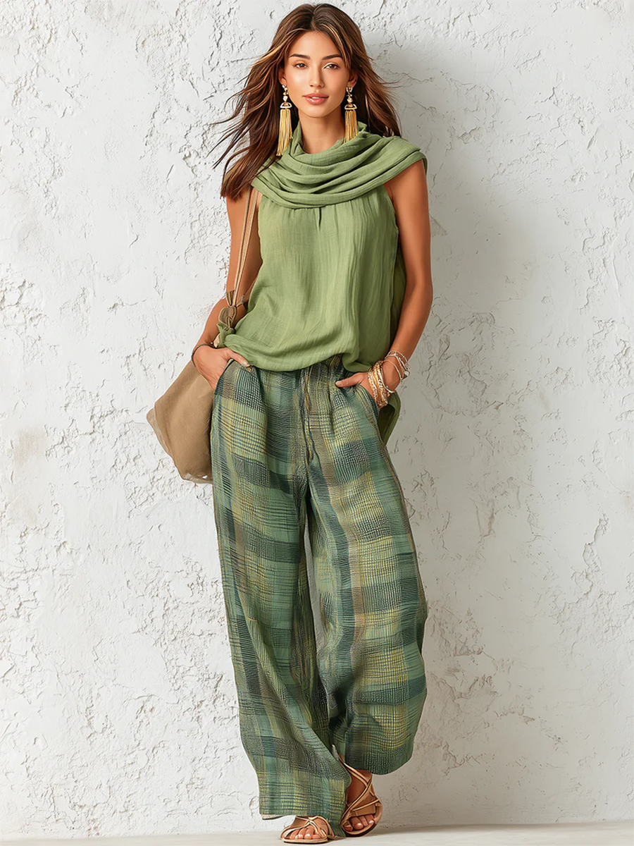 Conjunto feminino blusa e calça wide leg floral padrão natural verde