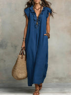 Vestido longo feminino linho boho de caimento solto com detalhe de babado no decote