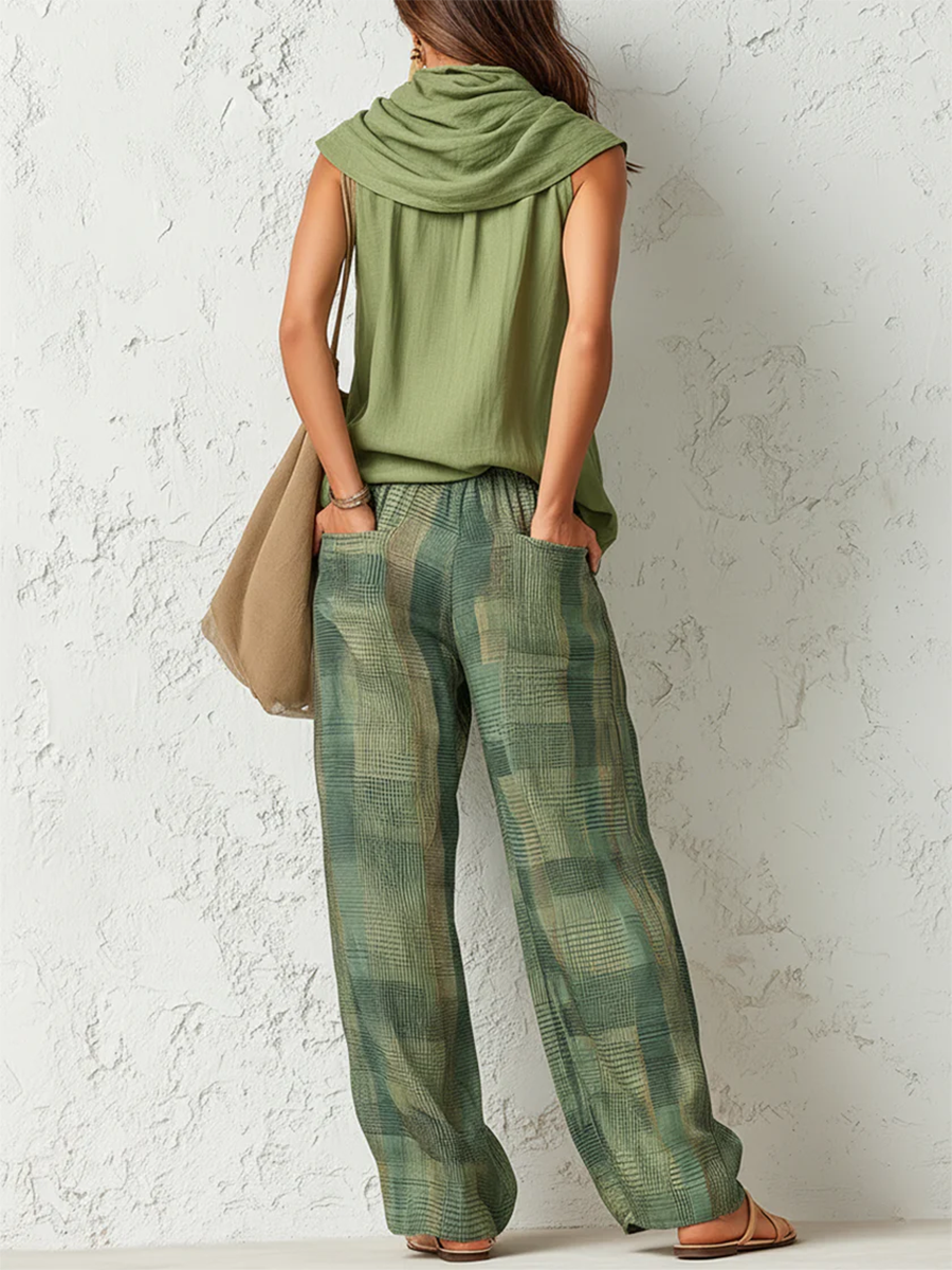 Conjunto feminino blusa e calça wide leg floral padrão natural verde