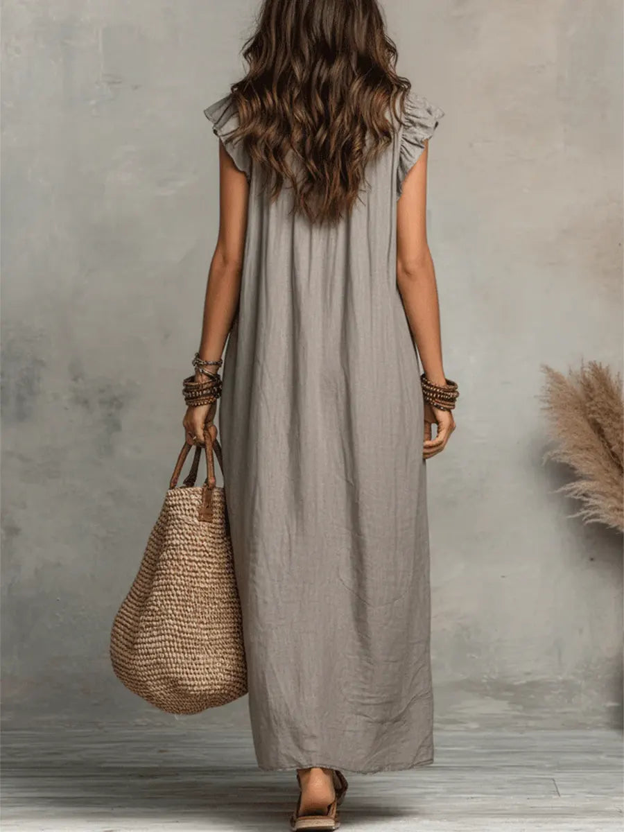 Vestido longo feminino linho boho de caimento solto com detalhe de babado no decote