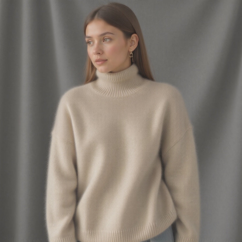Mulher caxemira oversize camisola gola alta em bege, cáqui e cinzento