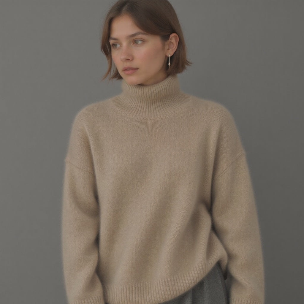 Mulher caxemira oversize camisola gola alta em bege, cáqui e cinzento