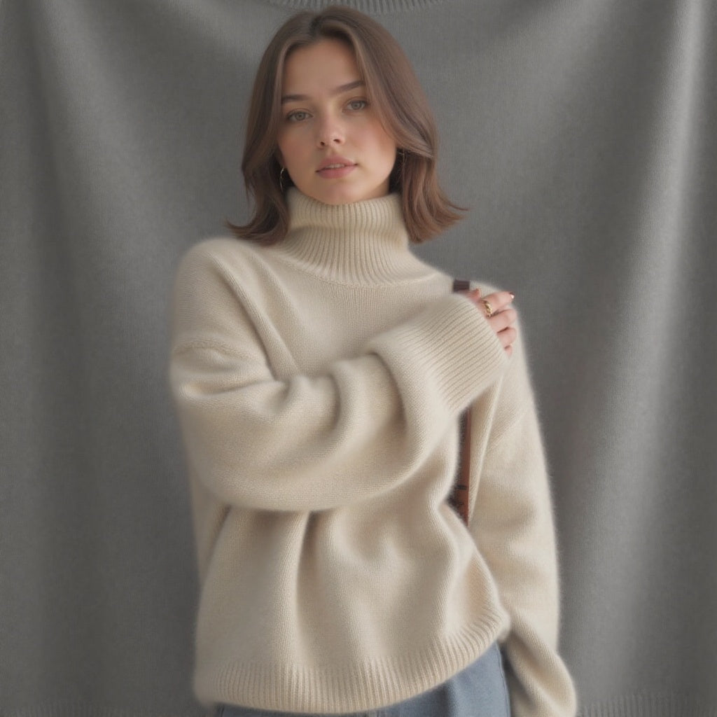 Mulher caxemira oversize camisola gola alta em bege, cáqui e cinzento