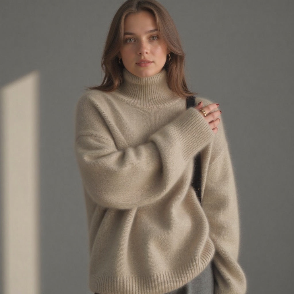 Mulher caxemira oversize camisola gola alta em bege, cáqui e cinzento