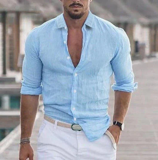 Camisa de linho masculina respirável manga comprida corte clássico