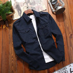 Camisa tática masculina algodão tecido militar corte slim com epauletes e bolsos duplos