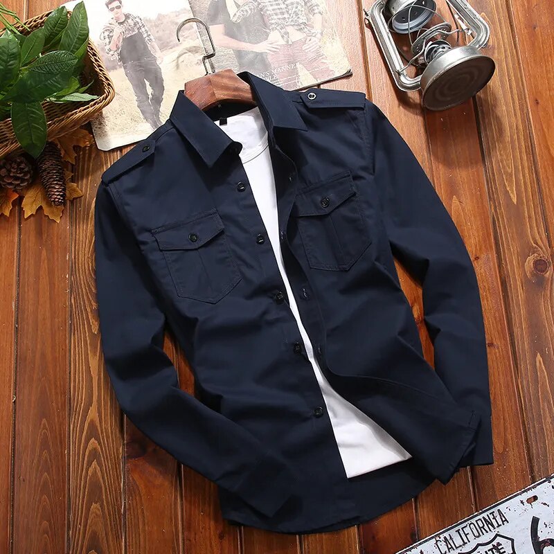 Camisa tática masculina algodão tecido militar corte slim com epauletes e bolsos duplos