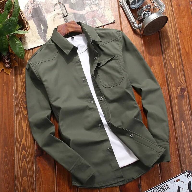 Camisa tática masculina algodão tecido militar corte slim com epauletes e bolsos duplos
