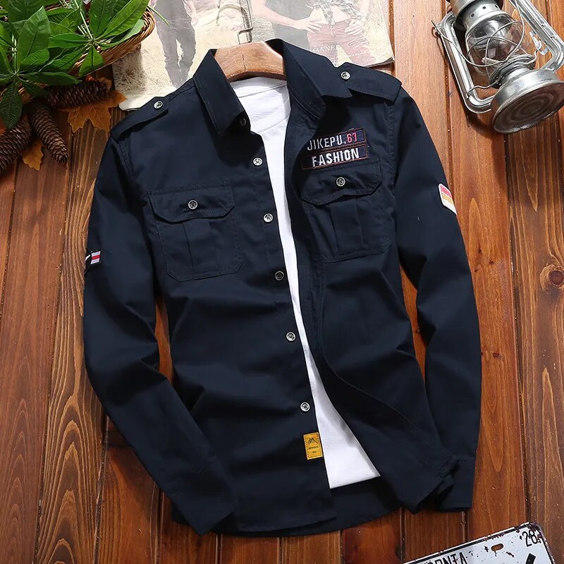 Camisa tática masculina algodão tecido militar corte slim com epauletes e bolsos duplos