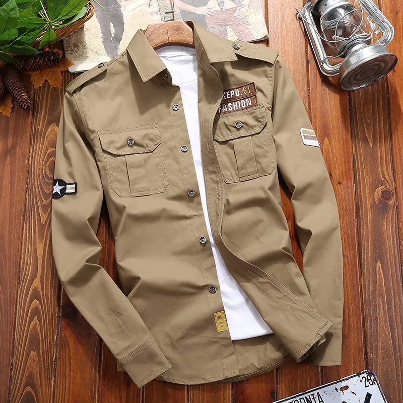 Camisa tática masculina algodão tecido militar corte slim com epauletes e bolsos duplos