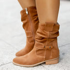 Botas femininas bico redondo salto baixo com palmilha macia para uso diário