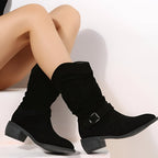 Botas femininas bico redondo salto baixo com palmilha macia para uso diário