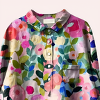 Blusa feminina floral manga longa com decote V corte regular